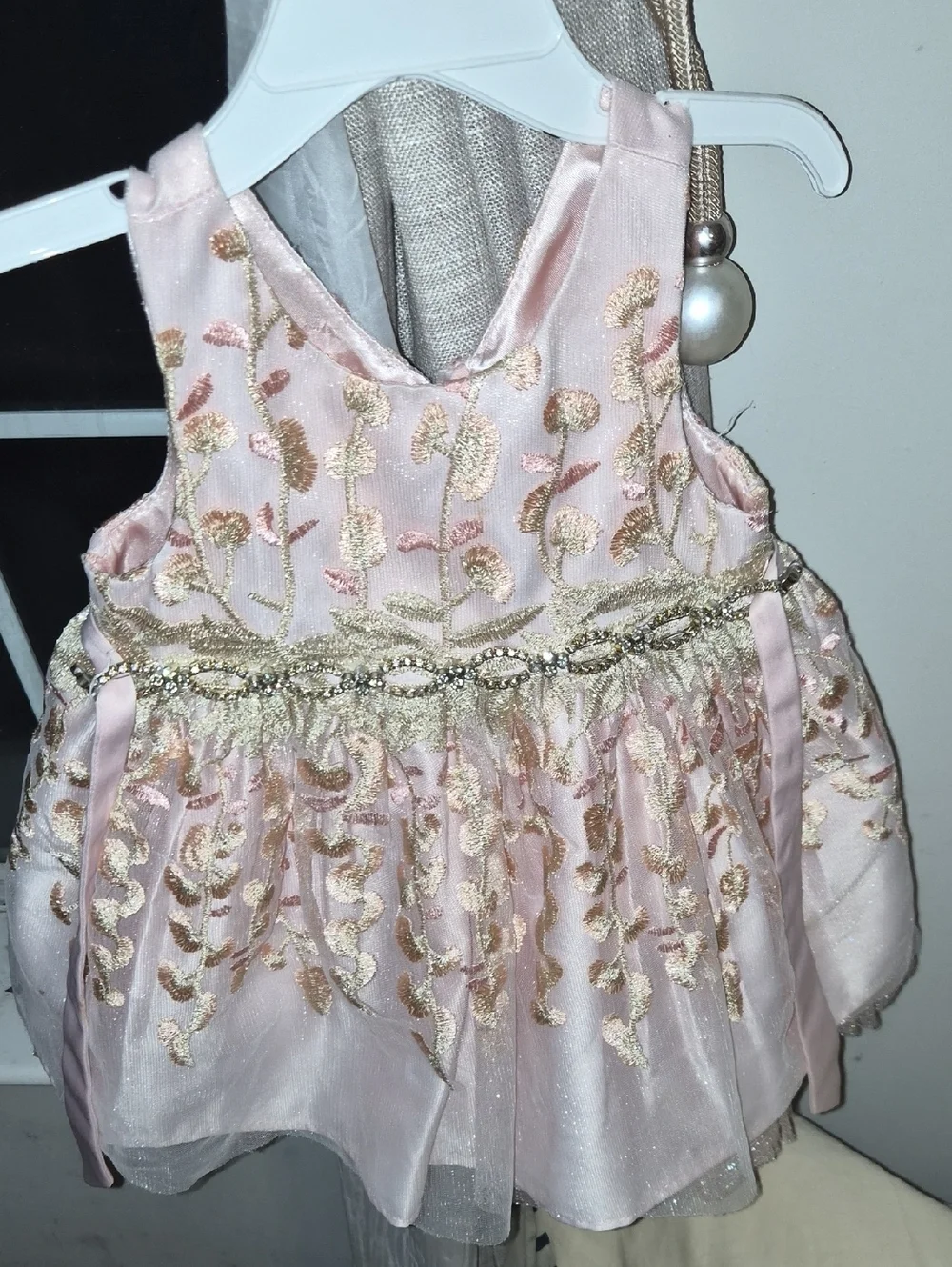 Girls' Pink Floral Embroidered Party Dress with Gold Accents